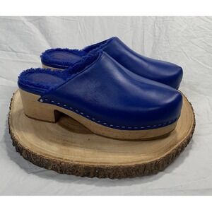 Blue Leather Clogs with Wooden Sole